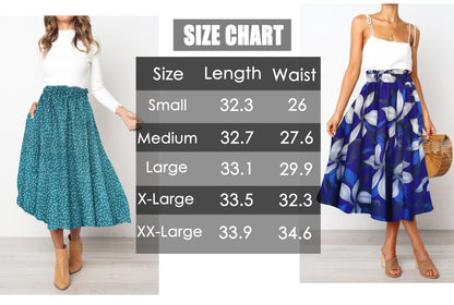 Afibi Women High Waist Floral Print Swing Chiffon Beach Midi Long Skirt with Pockets