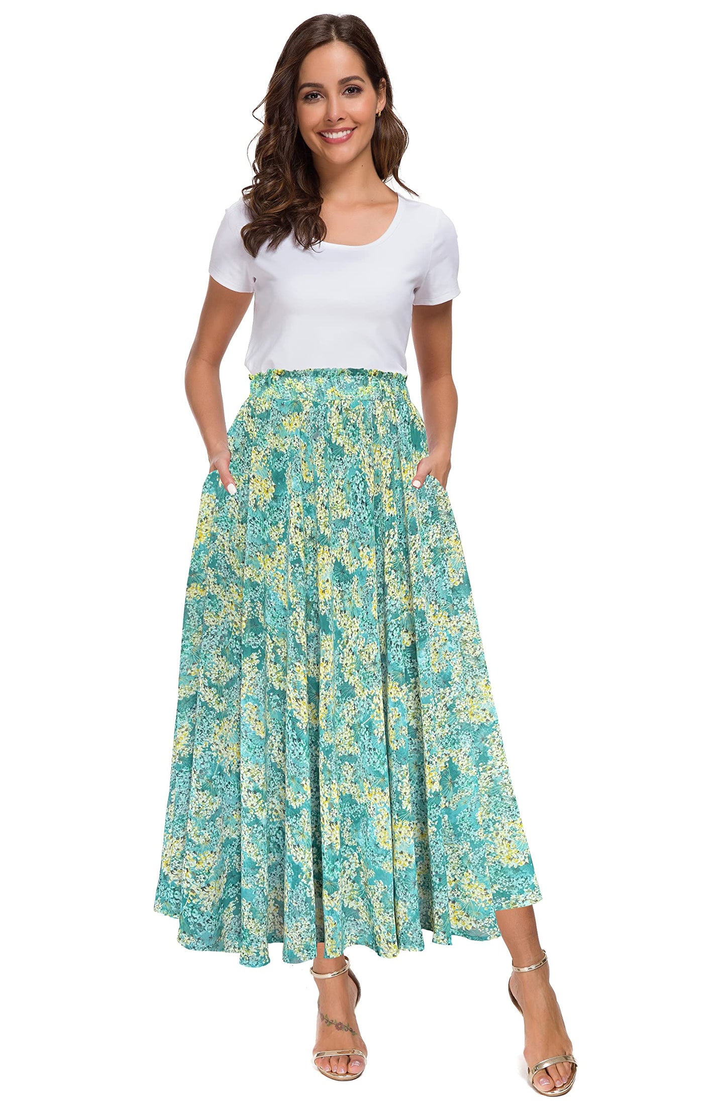 Afibi Women High Waist Floral Print Swing Chiffon Beach Midi Long Skirt with Pockets