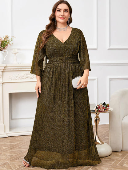 Plus Size Formal Dress Maxi Sparkly V Neck A-line Handkerchief Sleeve Evening Gown Wedding Guest Cocktail Gala