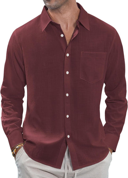 J.VER Men's Linen Shirts Casual Button Down Long Sleeve Shirt Solid Spread Collar Summer Beach Shirts with Pocket