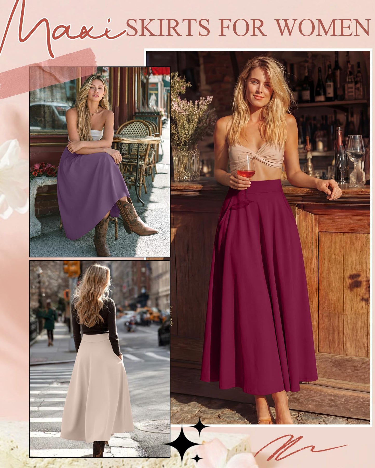 Ficerd 3 Pack Women's Maxi Long Skirts with Pockets, A Line Ankle Length High Waisted Flowy Soft Summer Casual Skirts