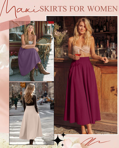 Ficerd 3 Pack Women's Maxi Long Skirts with Pockets, A Line Ankle Length High Waisted Flowy Soft Summer Casual Skirts