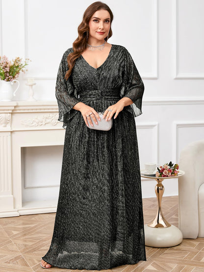Plus Size Formal Dress Maxi Sparkly V Neck A-line Handkerchief Sleeve Evening Gown Wedding Guest Cocktail Gala