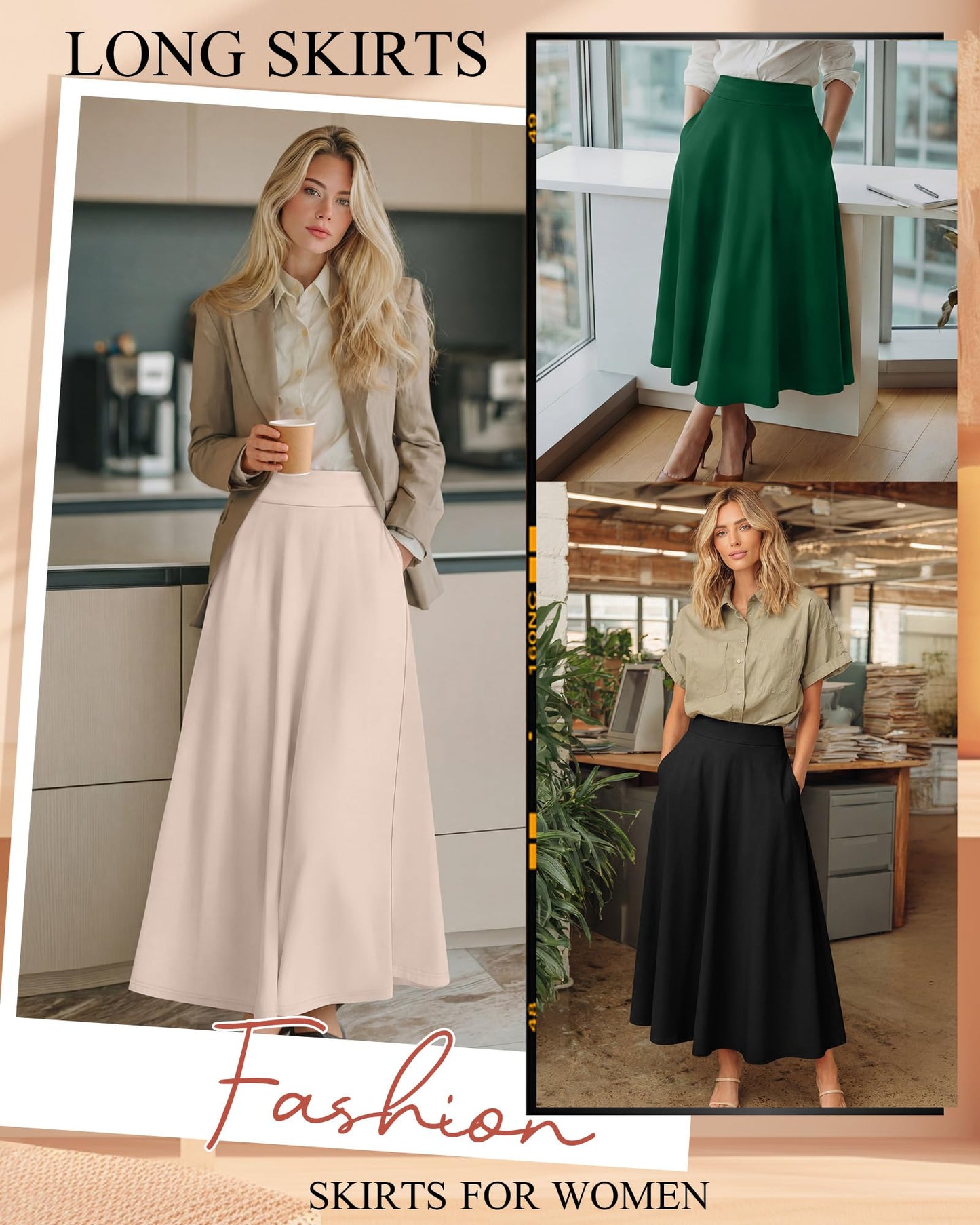Ficerd 3 Pack Women's Maxi Long Skirts with Pockets, A Line Ankle Length High Waisted Flowy Soft Summer Casual Skirts