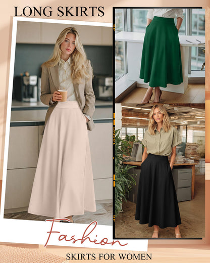 Ficerd 3 Pack Women's Maxi Long Skirts with Pockets, A Line Ankle Length High Waisted Flowy Soft Summer Casual Skirts