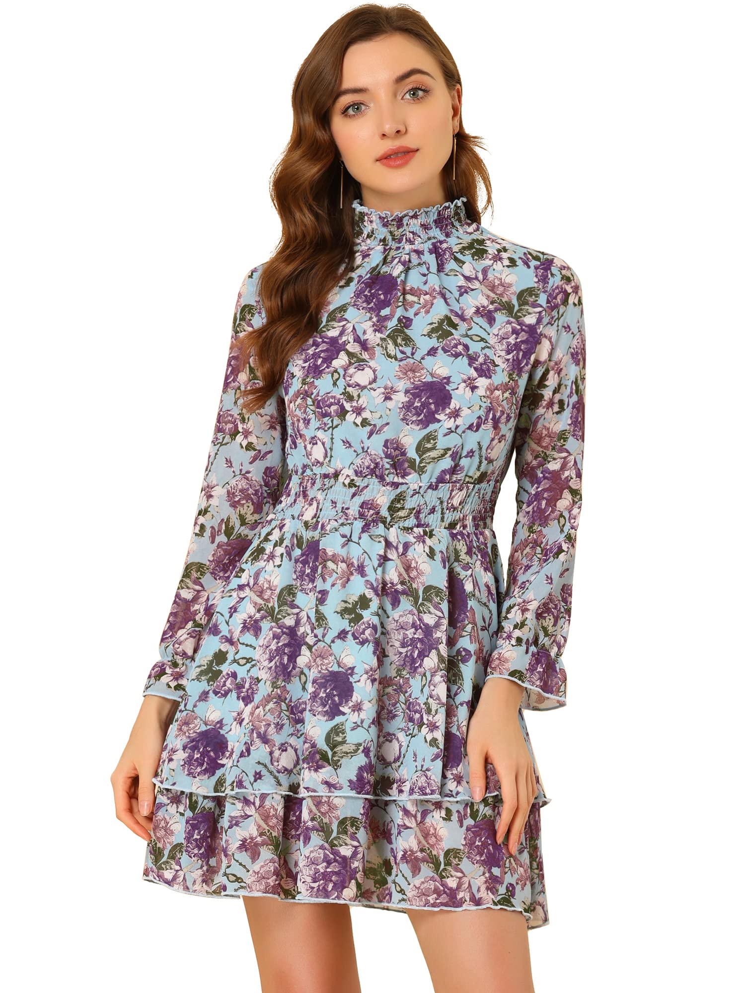 Allegra K Women's Floral Dress Chiffon Long Sleeve Mock Neck Ruffle Layered Smocked Mini Dresses