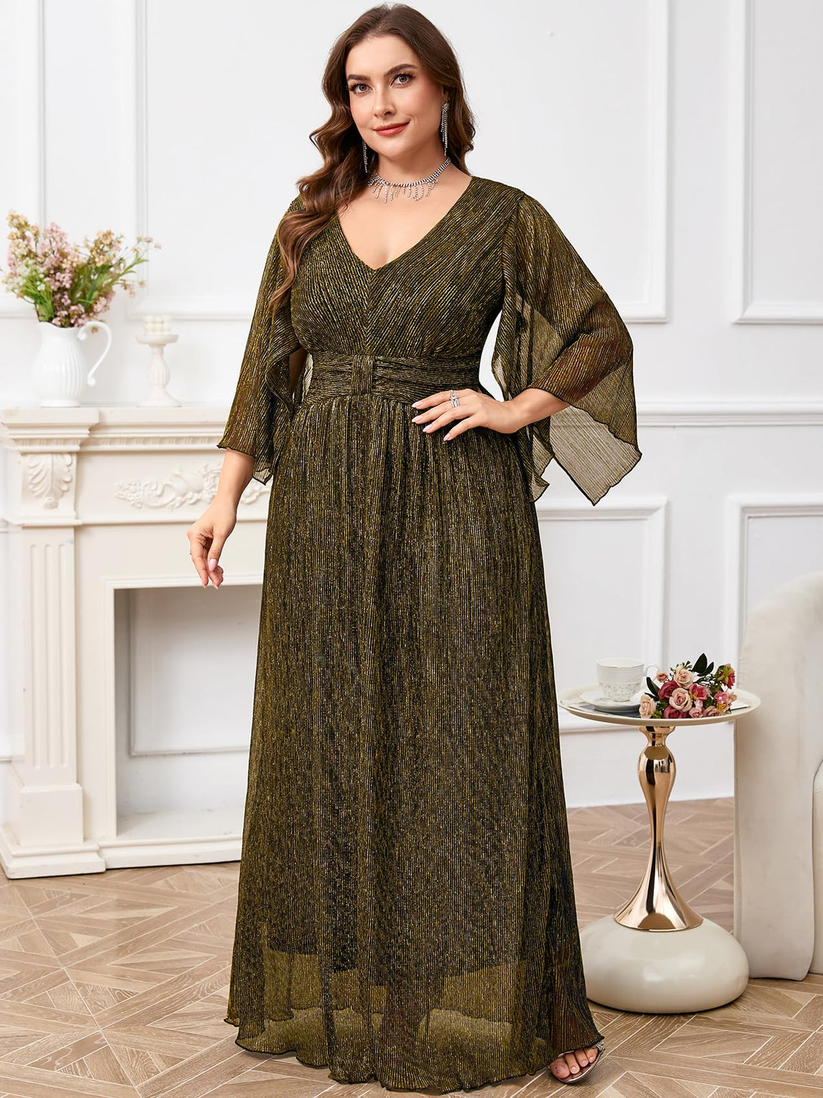 Plus Size Formal Dress Maxi Sparkly V Neck A-line Handkerchief Sleeve Evening Gown Wedding Guest Cocktail Gala