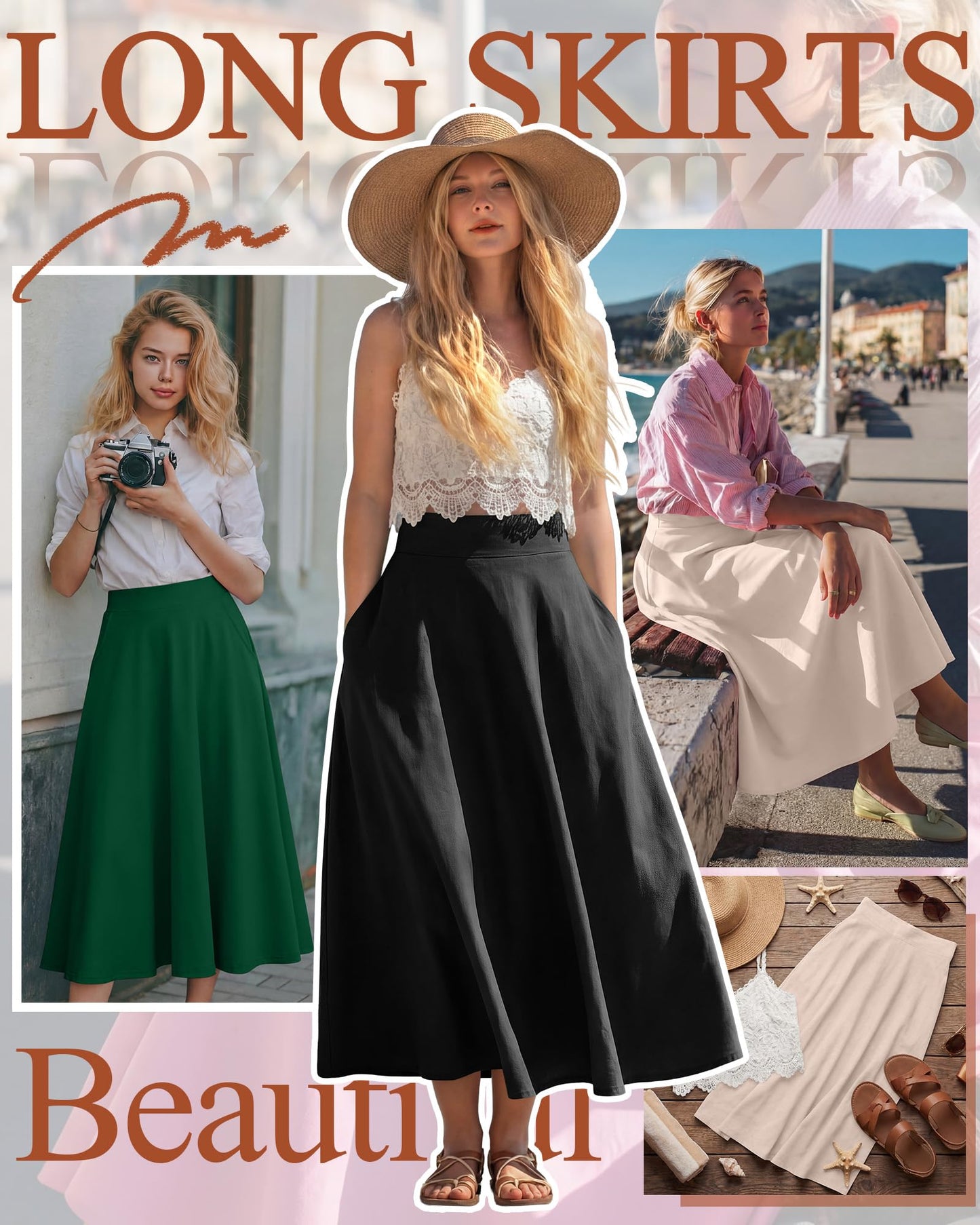 Ficerd 3 Pack Women's Maxi Long Skirts with Pockets, A Line Ankle Length High Waisted Flowy Soft Summer Casual Skirts
