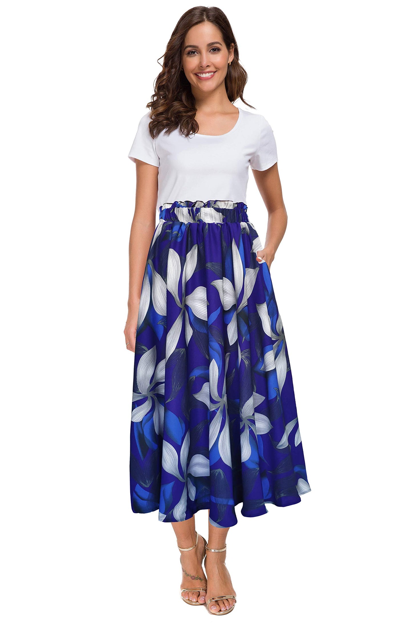 Afibi Women High Waist Floral Print Swing Chiffon Beach Midi Long Skirt with Pockets