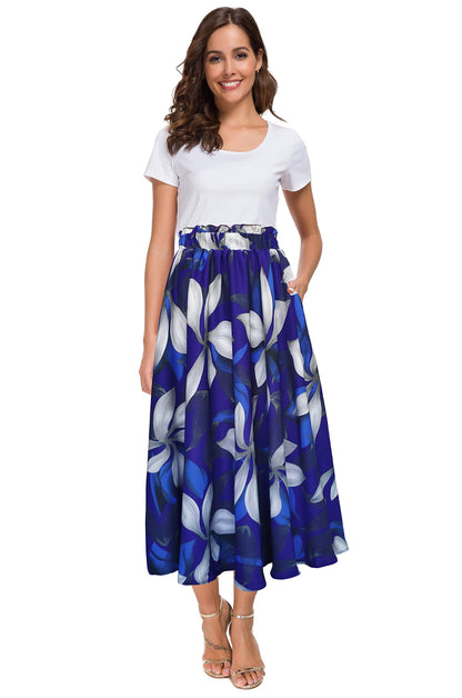 Afibi Women High Waist Floral Print Swing Chiffon Beach Midi Long Skirt with Pockets