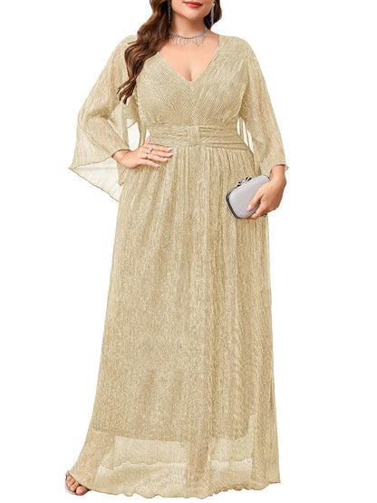 Plus Size Formal Dress Maxi Sparkly V Neck A-line Handkerchief Sleeve Evening Gown Wedding Guest Cocktail Gala