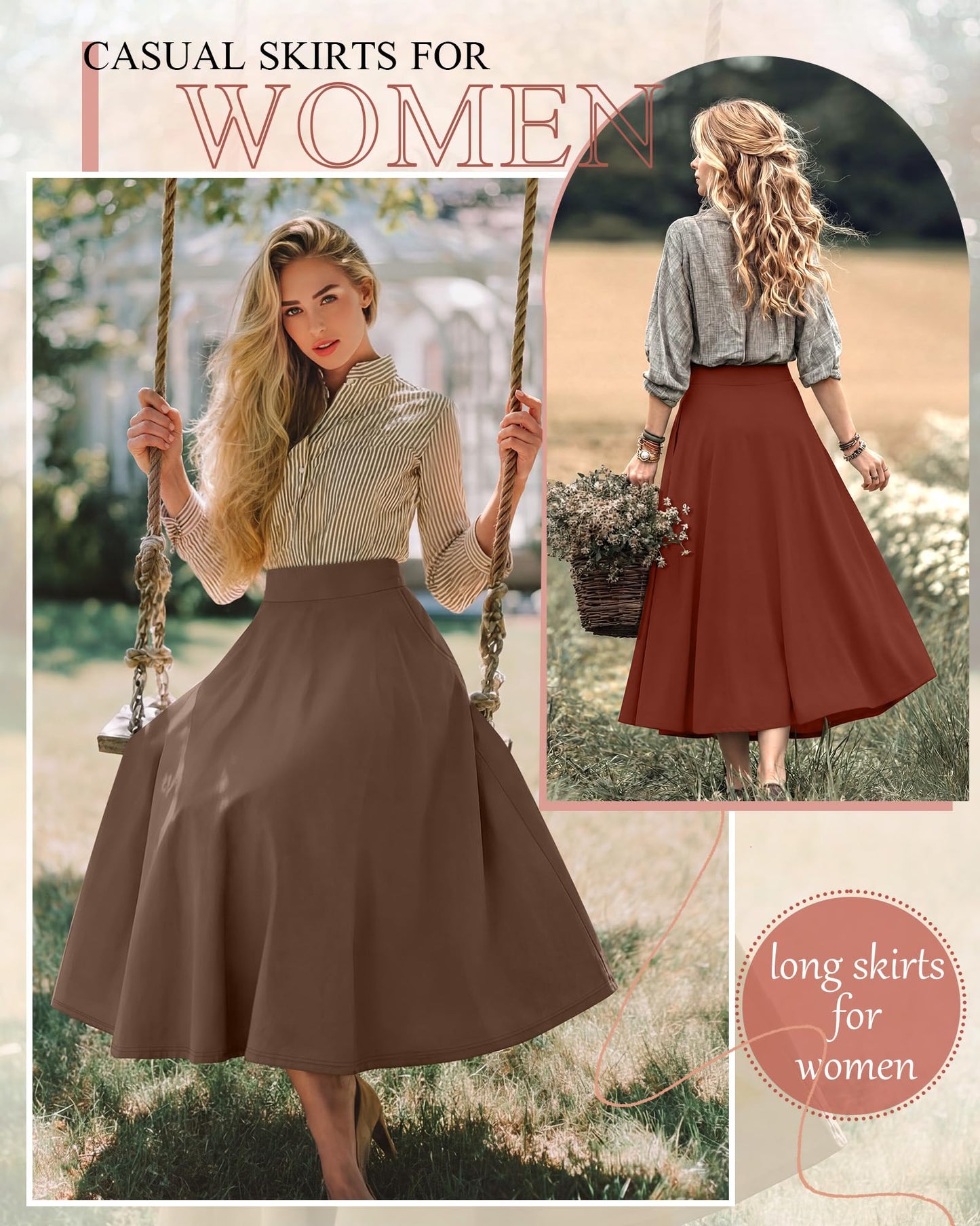 Ficerd 3 Pack Women's Maxi Long Skirts with Pockets, A Line Ankle Length High Waisted Flowy Soft Summer Casual Skirts