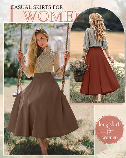 Ficerd 3 Pack Women's Maxi Long Skirts with Pockets, A Line Ankle Length High Waisted Flowy Soft Summer Casual Skirts