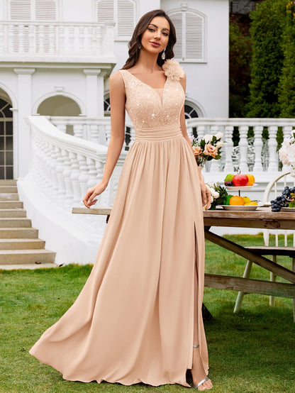 Miusol Women's Vintage V-Neck Sleeveless Sequined Split Formal Evening Maxi Dress
