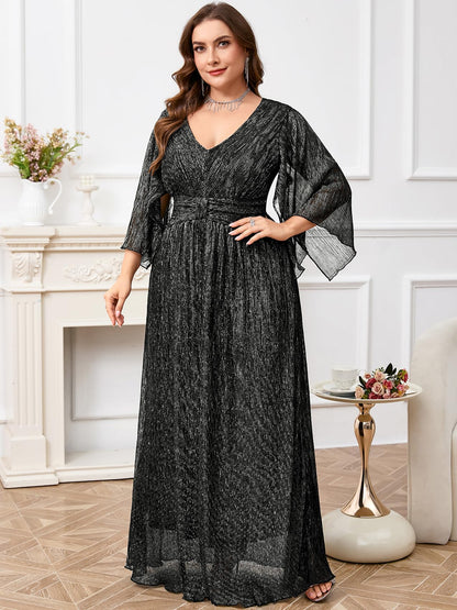 Plus Size Formal Dress Maxi Sparkly V Neck A-line Handkerchief Sleeve Evening Gown Wedding Guest Cocktail Gala