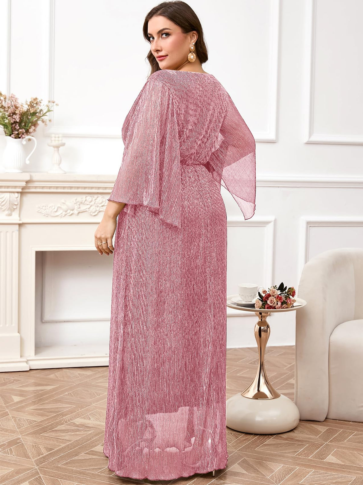 Plus Size Formal Dress Maxi Sparkly V Neck A-line Handkerchief Sleeve Evening Gown Wedding Guest Cocktail Gala