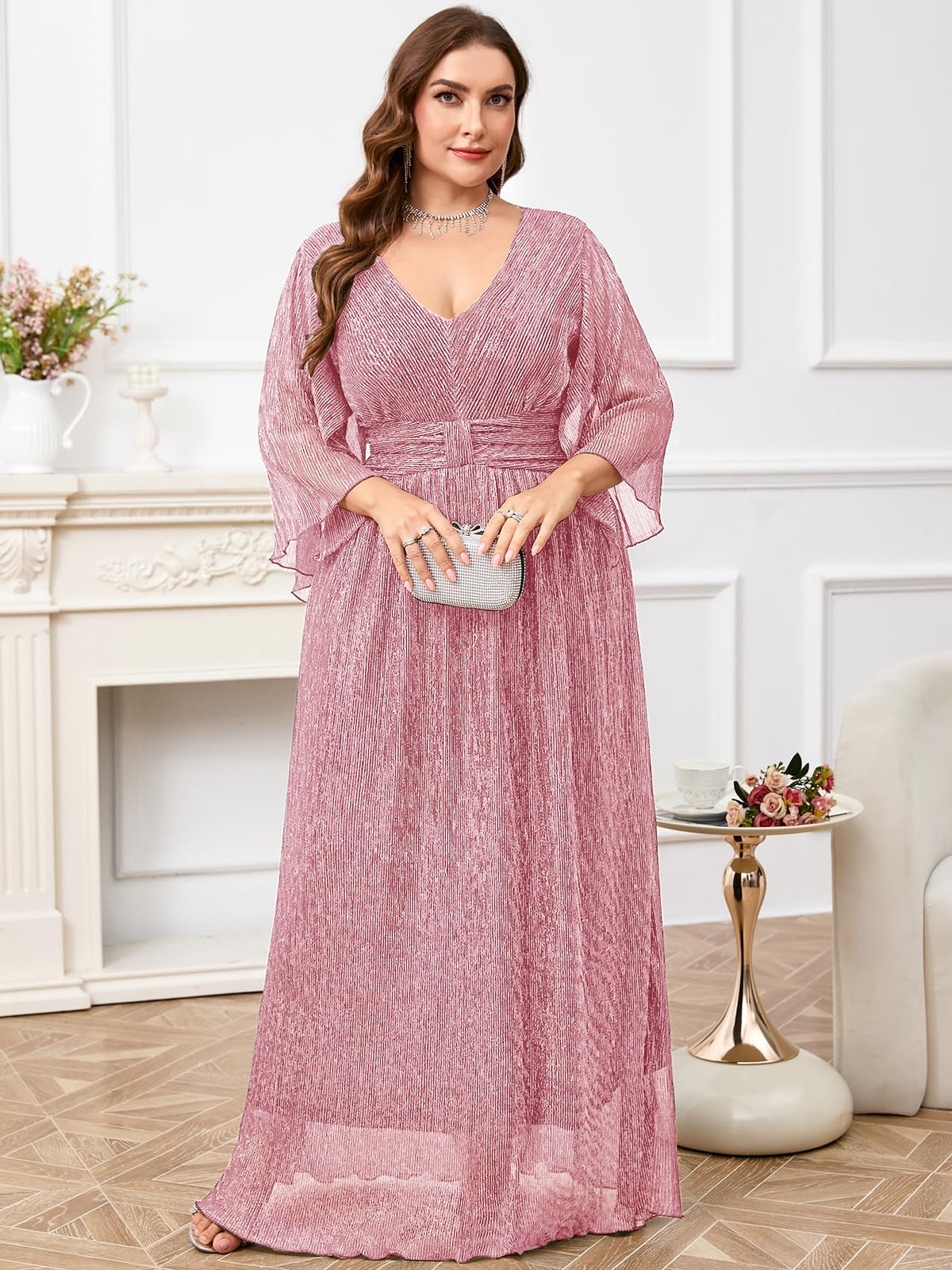 Plus Size Formal Dress Maxi Sparkly V Neck A-line Handkerchief Sleeve Evening Gown Wedding Guest Cocktail Gala