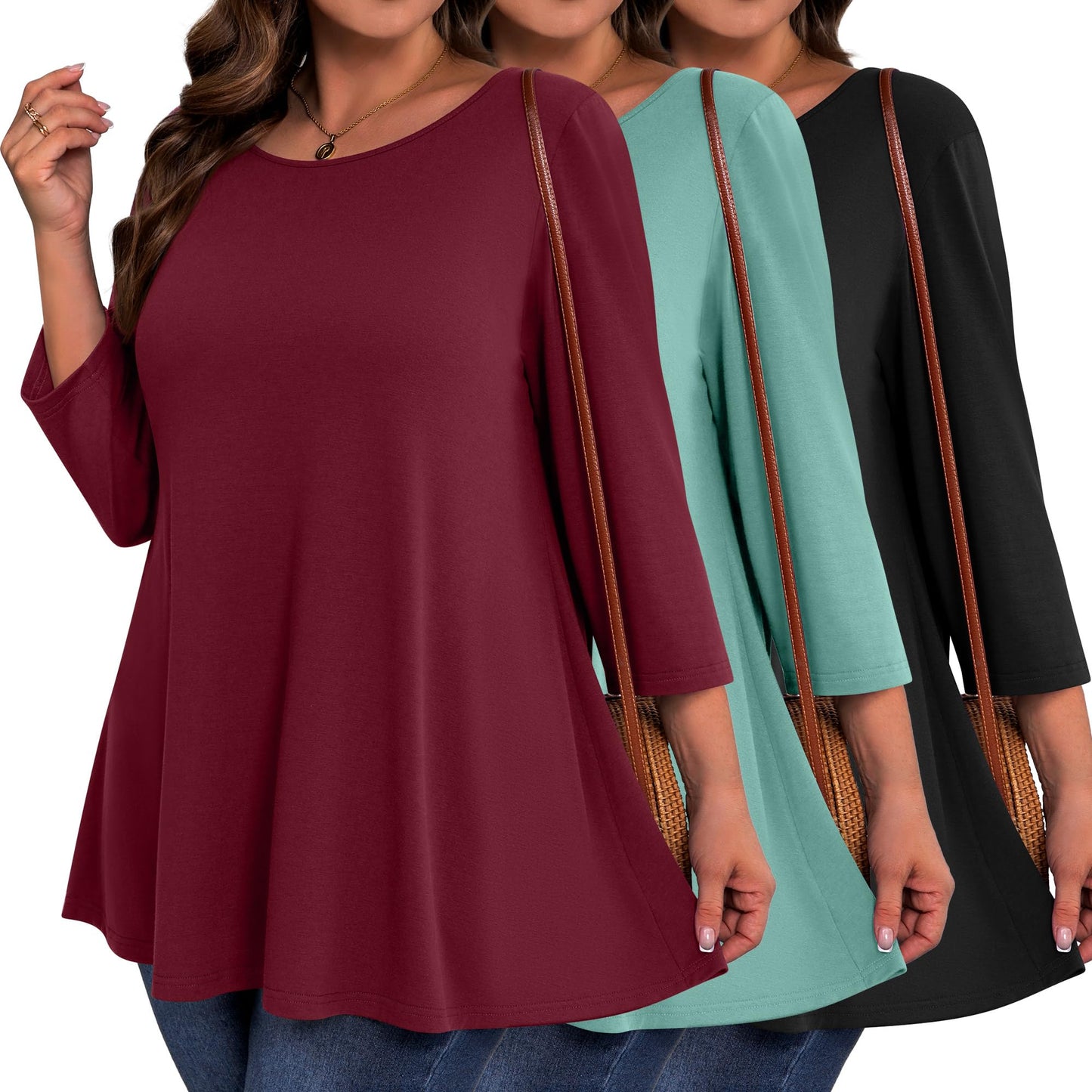 Evervibe 3 Pack Plus Size Tunic Tops for Curvy Women 3/4 Sleeve Shirts Loose Spring Casual Swing Flare Blouses with Leggings