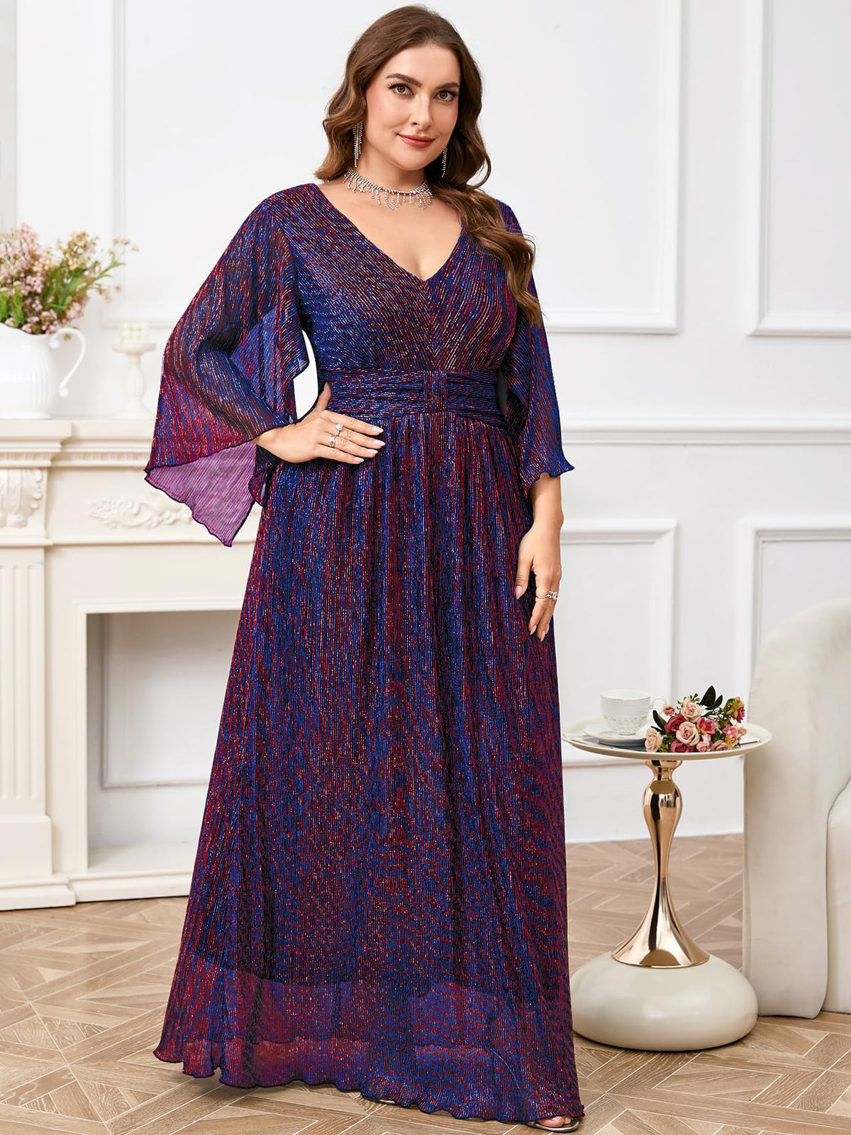 Plus Size Formal Dress Maxi Sparkly V Neck A-line Handkerchief Sleeve Evening Gown Wedding Guest Cocktail Gala