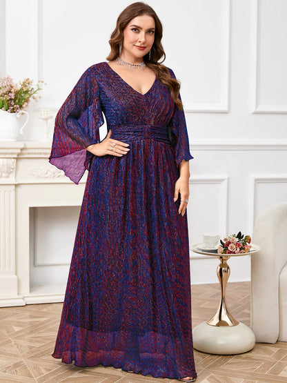 Plus Size Formal Dress Maxi Sparkly V Neck A-line Handkerchief Sleeve Evening Gown Wedding Guest Cocktail Gala