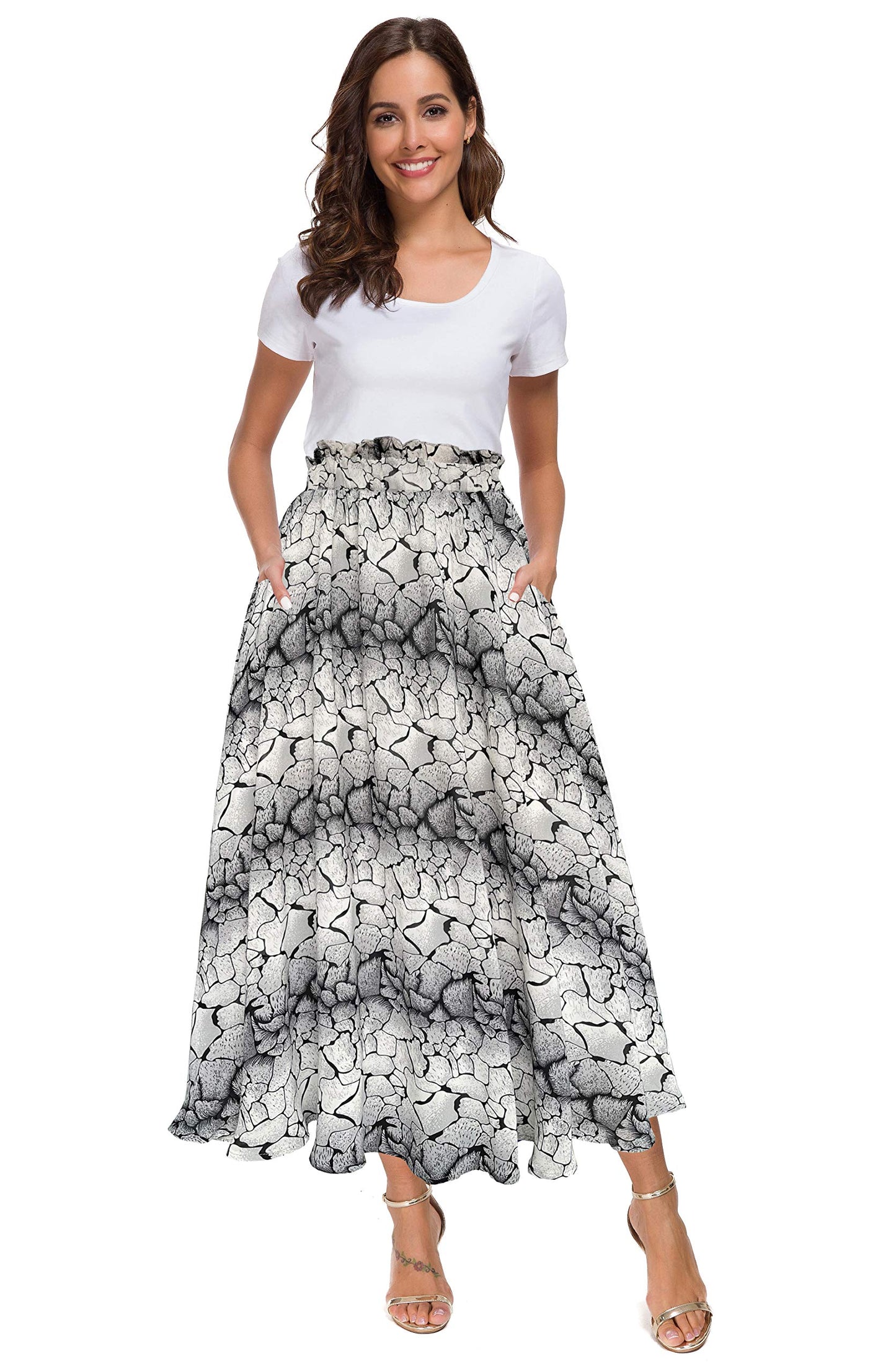 Afibi Women High Waist Floral Print Swing Chiffon Beach Midi Long Skirt with Pockets