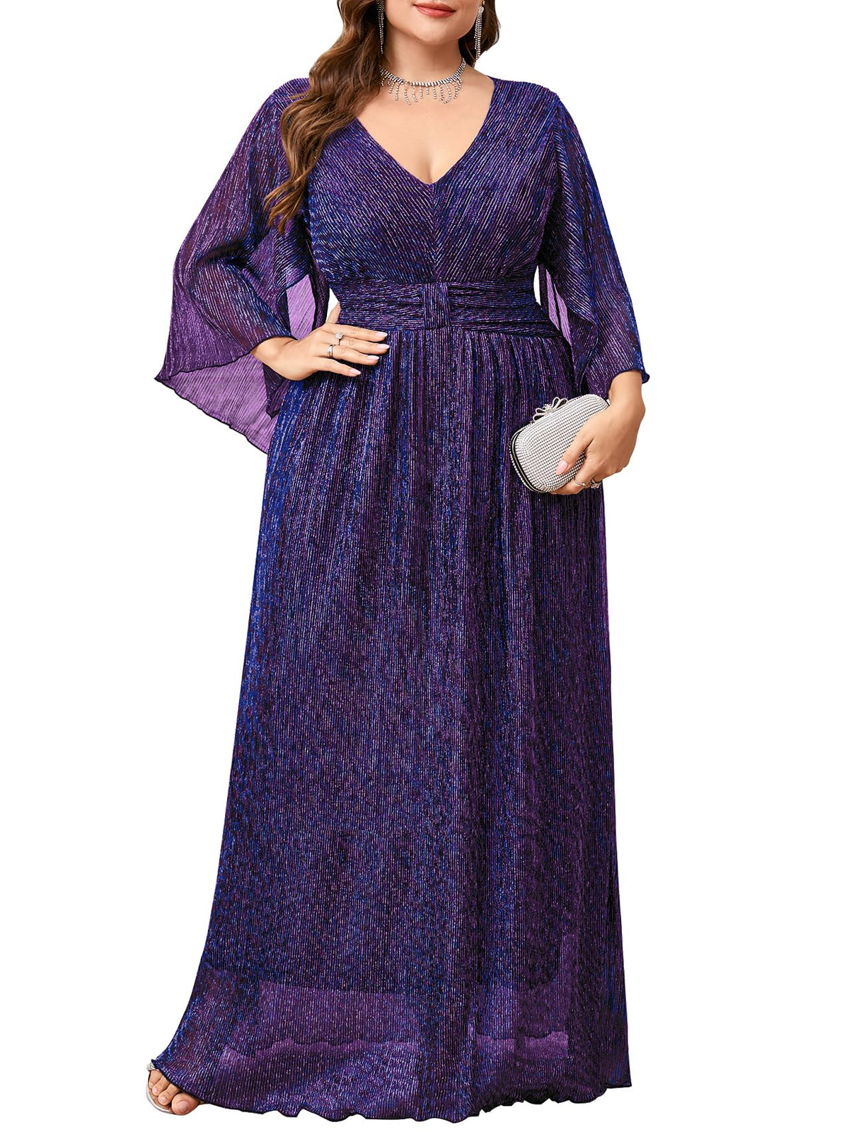 Plus Size Formal Dress Maxi Sparkly V Neck A-line Handkerchief Sleeve Evening Gown Wedding Guest Cocktail Gala