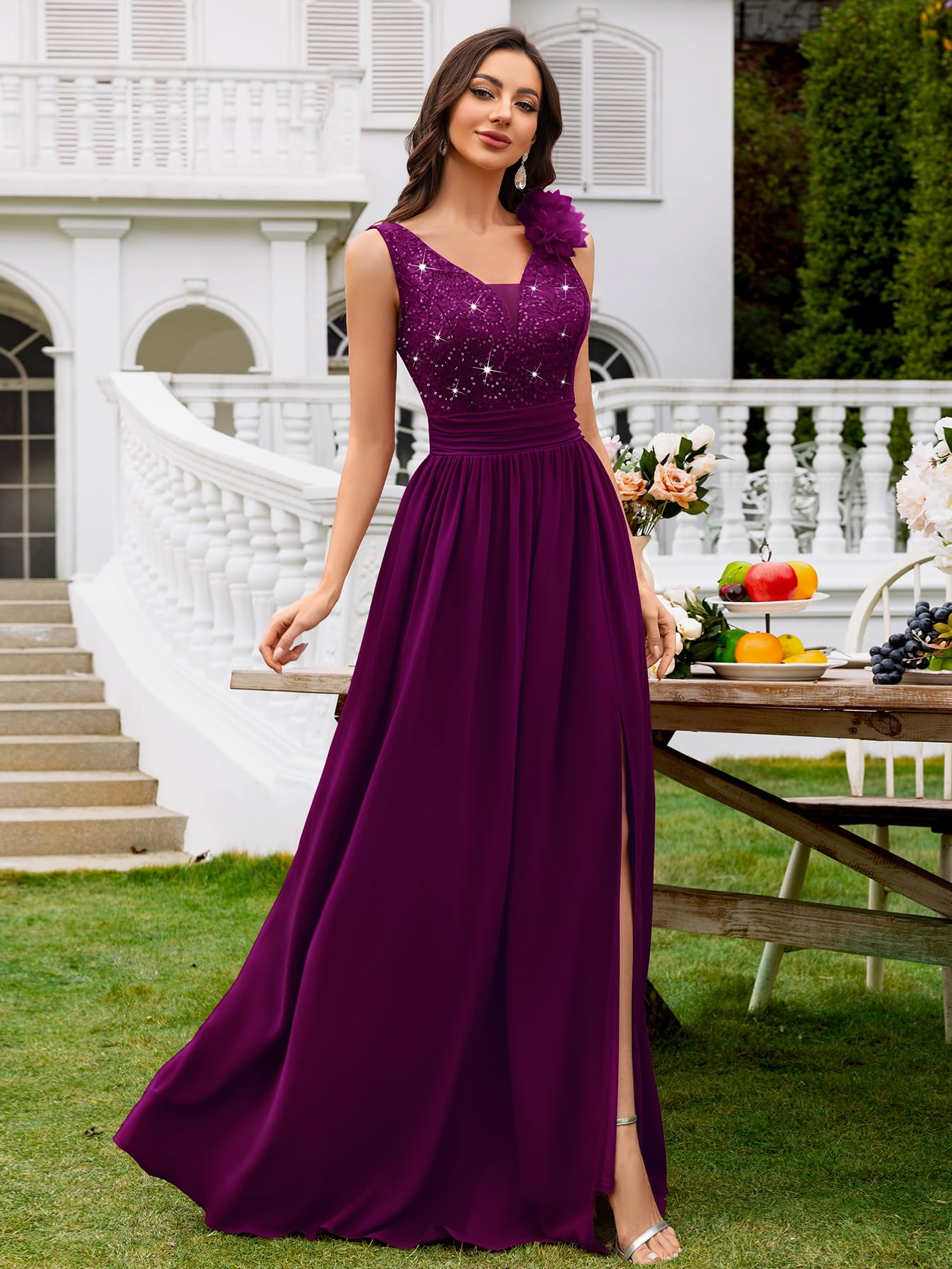 Miusol Women's Vintage V-Neck Sleeveless Sequined Split Formal Evening Maxi Dress