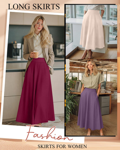 Ficerd 3 Pack Women's Maxi Long Skirts with Pockets, A Line Ankle Length High Waisted Flowy Soft Summer Casual Skirts