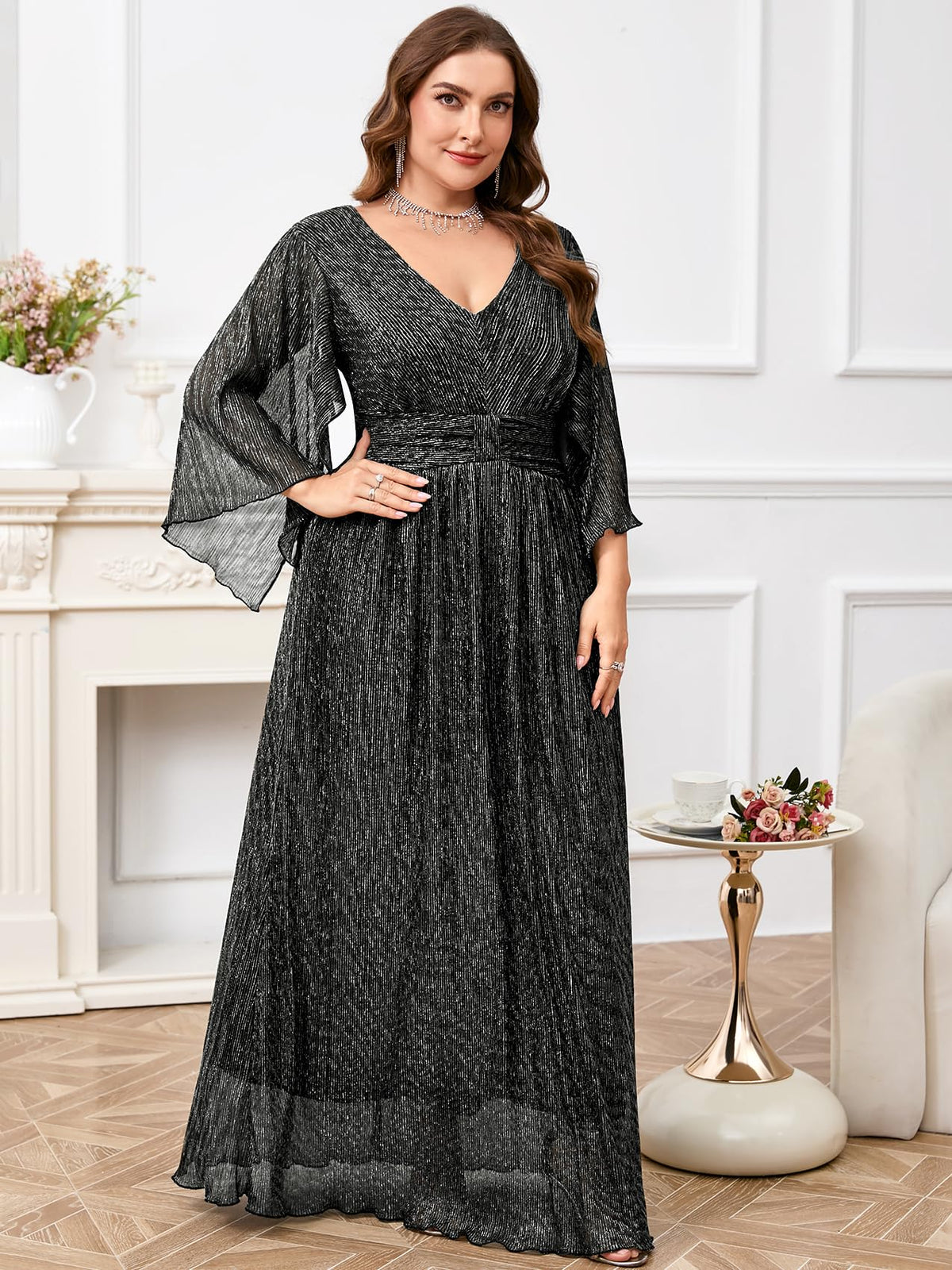 Plus Size Formal Dress Maxi Sparkly V Neck A-line Handkerchief Sleeve Evening Gown Wedding Guest Cocktail Gala