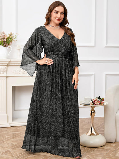 Plus Size Formal Dress Maxi Sparkly V Neck A-line Handkerchief Sleeve Evening Gown Wedding Guest Cocktail Gala