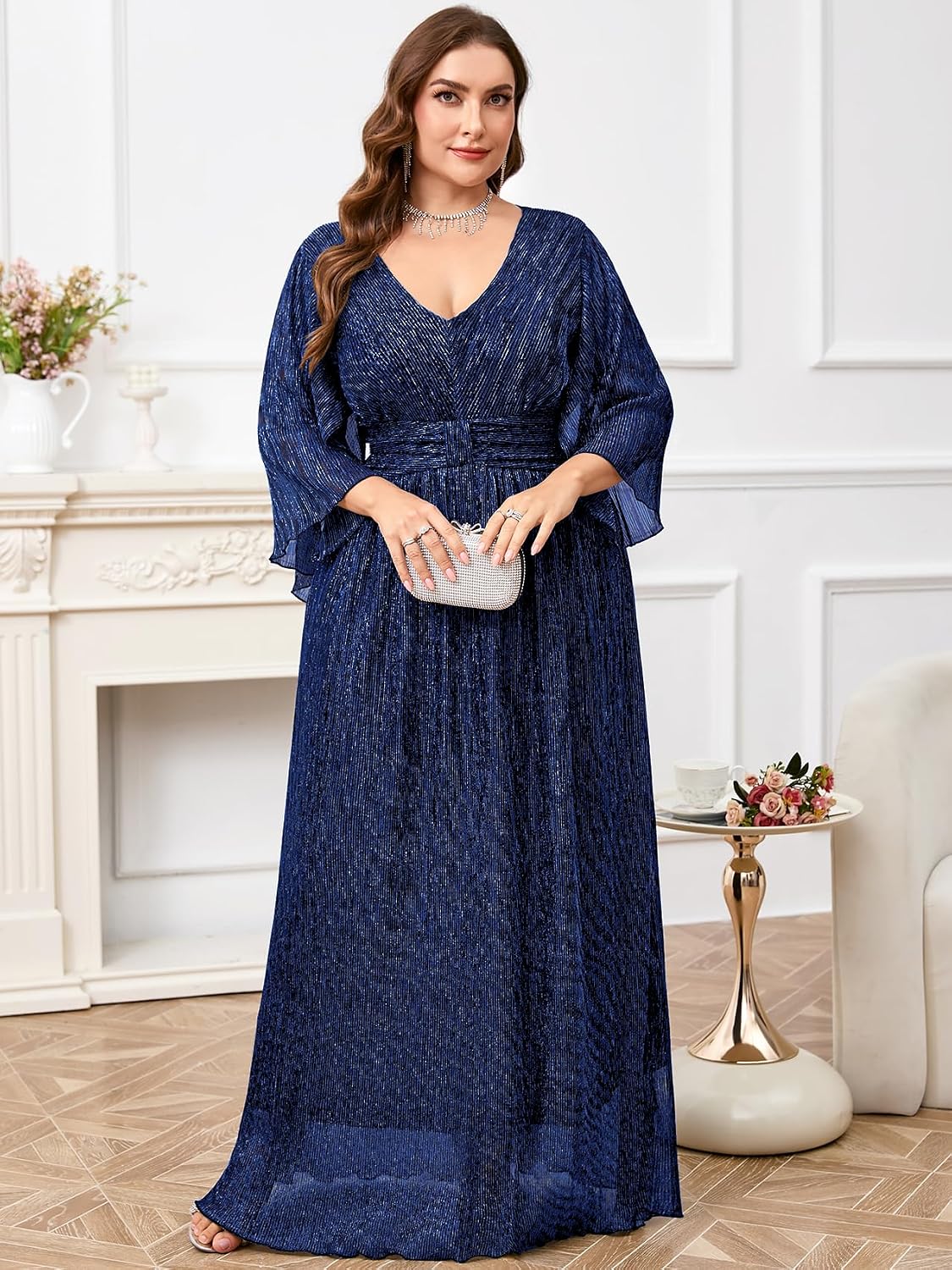 Plus Size Formal Dress Maxi Sparkly V Neck A-line Handkerchief Sleeve Evening Gown Wedding Guest Cocktail Gala
