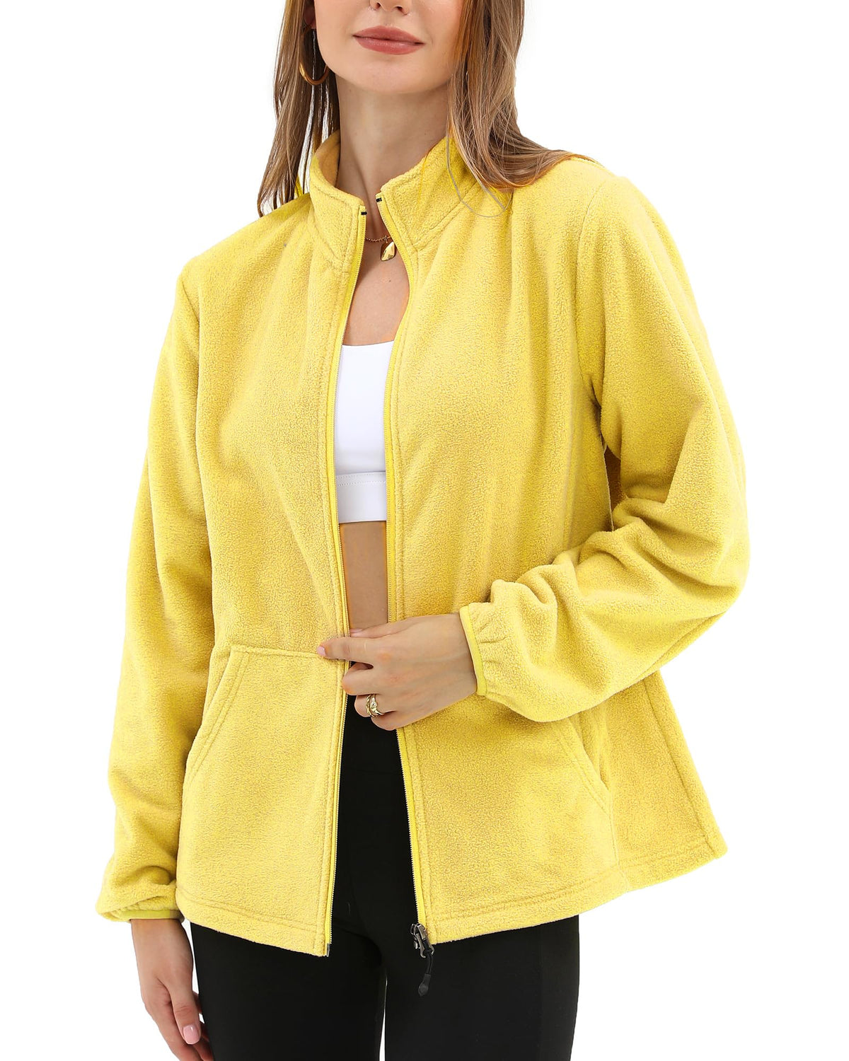 Argstar Women's Fleece Jacket, Lightweight Full Zip Classic Soft Casual Recreation Coat with Zipper Pockets Yellow XXL
