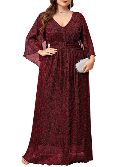 Plus Size Formal Dress Maxi Sparkly V Neck A-line Handkerchief Sleeve Evening Gown Wedding Guest Cocktail Gala