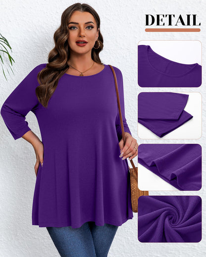 Evervibe 3 Pack Plus Size Tunic Tops for Curvy Women 3/4 Sleeve Shirts Loose Spring Casual Swing Flare Blouses with Leggings