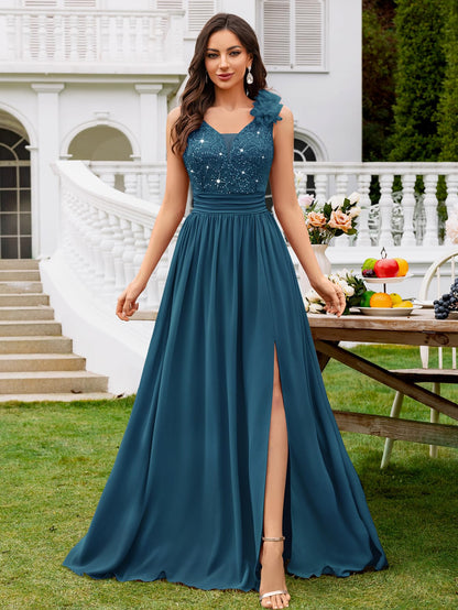 Miusol Women's Vintage V-Neck Sleeveless Sequined Split Formal Evening Maxi Dress
