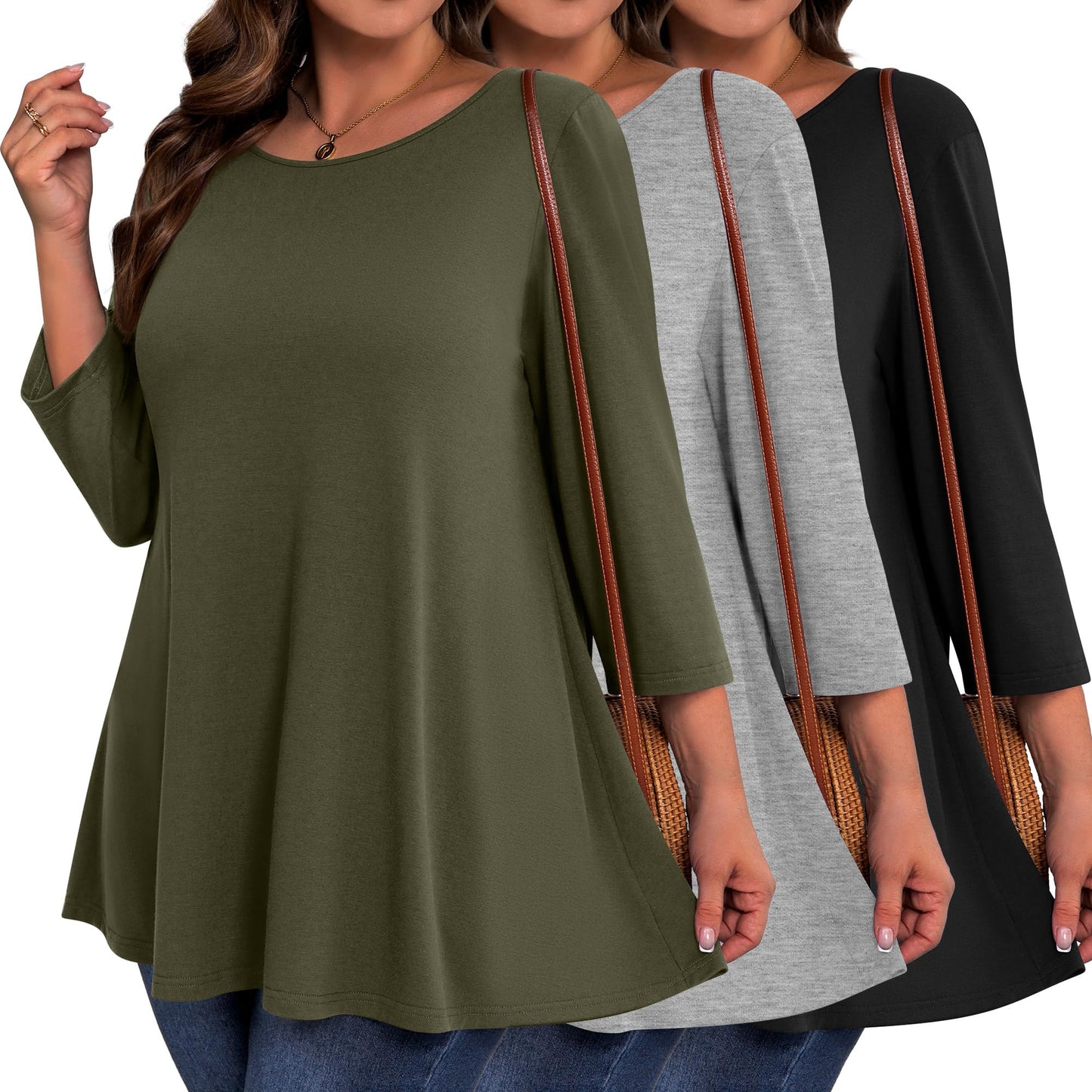 Evervibe 3 Pack Plus Size Tunic Tops for Curvy Women 3/4 Sleeve Shirts Loose Spring Casual Swing Flare Blouses with Leggings