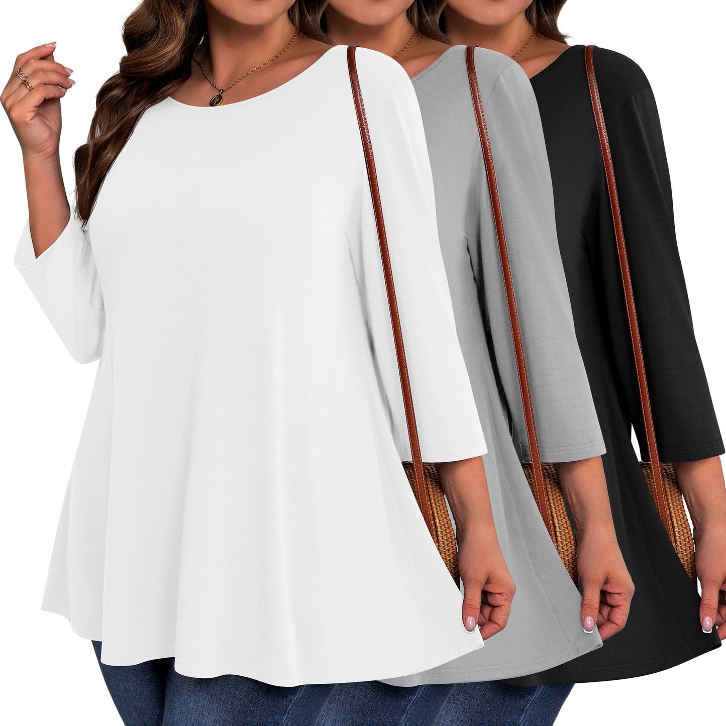 Evervibe 3 Pack Plus Size Tunic Tops for Curvy Women 3/4 Sleeve Shirts Loose Spring Casual Swing Flare Blouses with Leggings