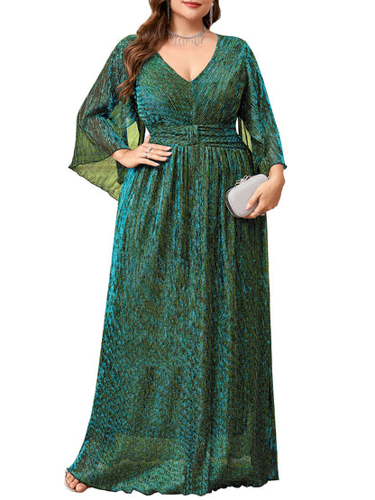 Plus Size Formal Dress Maxi Sparkly V Neck A-line Handkerchief Sleeve Evening Gown Wedding Guest Cocktail Gala