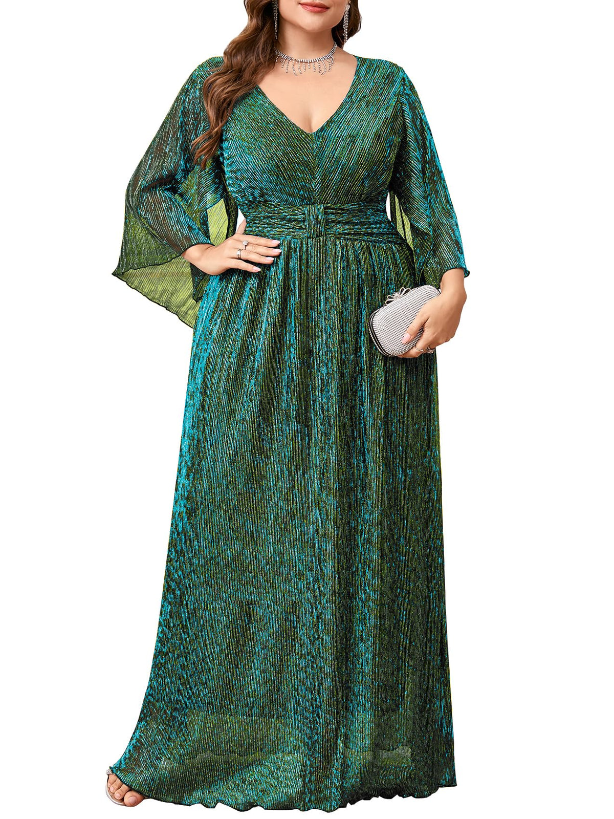 Plus Size Formal Dress Maxi Sparkly V Neck A-line Handkerchief Sleeve Evening Gown Wedding Guest Cocktail Gala