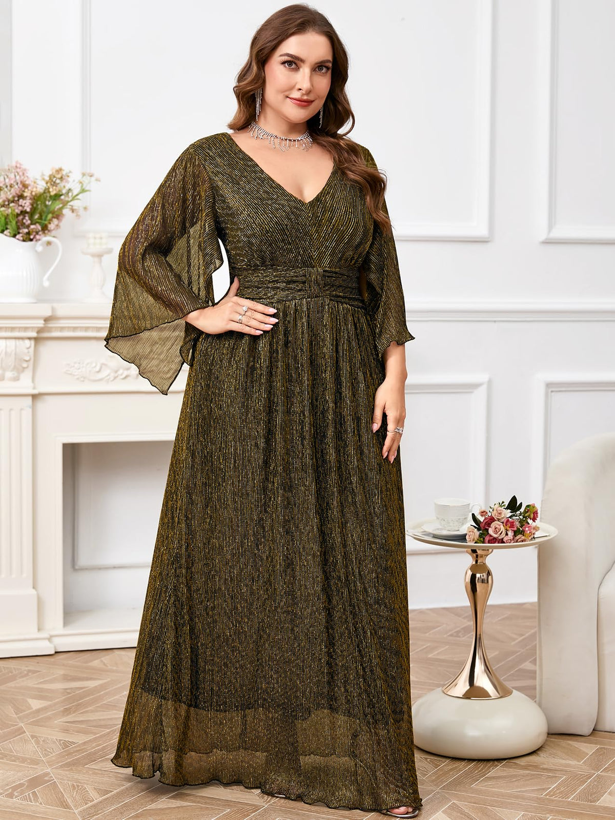 Plus Size Formal Dress Maxi Sparkly V Neck A-line Handkerchief Sleeve Evening Gown Wedding Guest Cocktail Gala