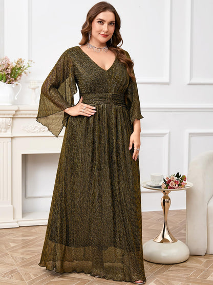 Plus Size Formal Dress Maxi Sparkly V Neck A-line Handkerchief Sleeve Evening Gown Wedding Guest Cocktail Gala