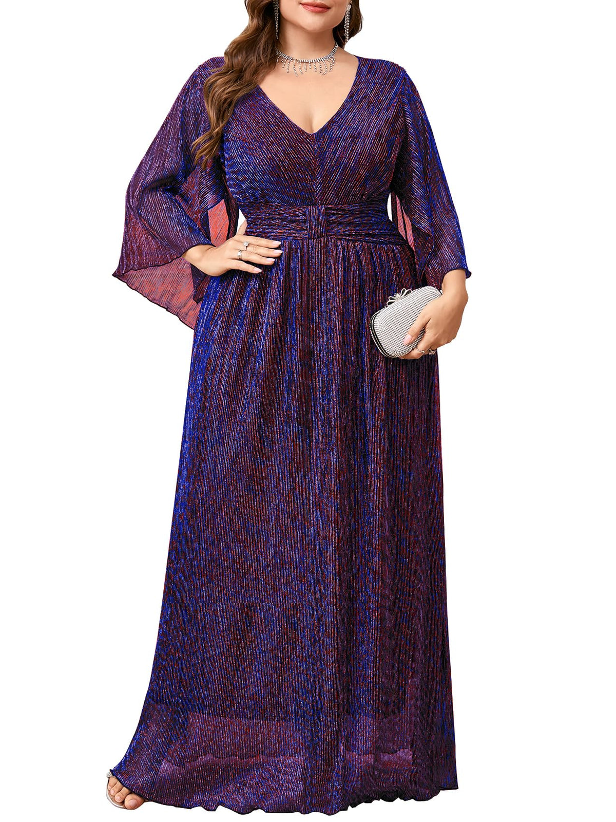 Plus Size Formal Dress Maxi Sparkly V Neck A-line Handkerchief Sleeve Evening Gown Wedding Guest Cocktail Gala