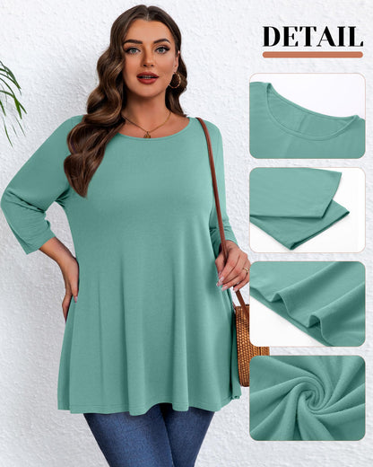 Evervibe 3 Pack Plus Size Tunic Tops for Curvy Women 3/4 Sleeve Shirts Loose Spring Casual Swing Flare Blouses with Leggings