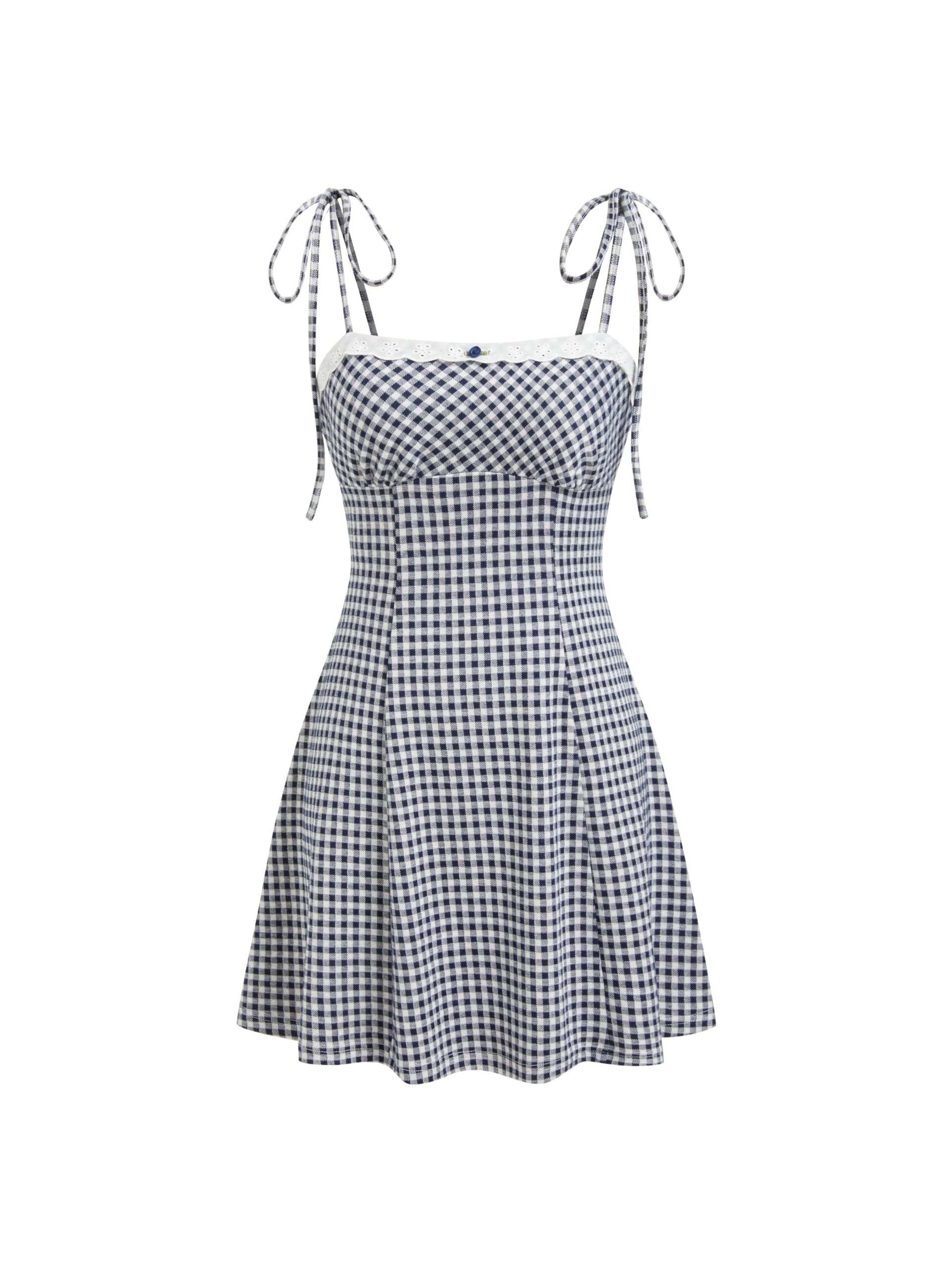 CIDER Womens Summer Gingham Dress Plaid Tie Spaghetti Strap Sleeveless Lace Trim Cute A Line Casual Mini Dresses Sundress