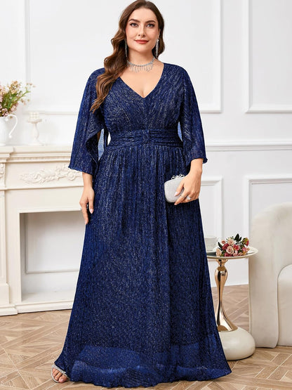 Plus Size Formal Dress Maxi Sparkly V Neck A-line Handkerchief Sleeve Evening Gown Wedding Guest Cocktail Gala