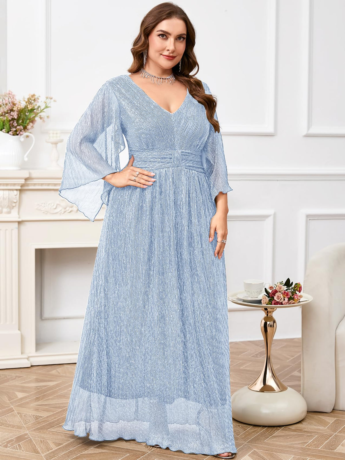 Plus Size Formal Dress Maxi Sparkly V Neck A-line Handkerchief Sleeve Evening Gown Wedding Guest Cocktail Gala