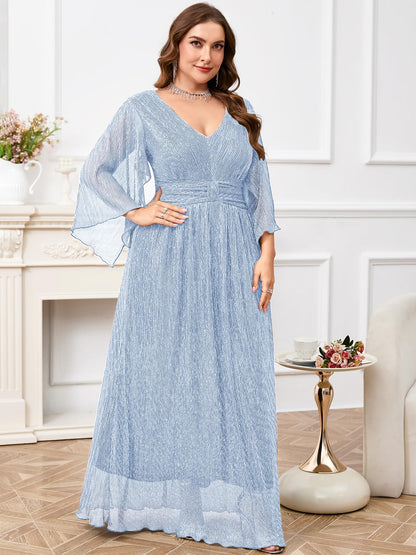 Plus Size Formal Dress Maxi Sparkly V Neck A-line Handkerchief Sleeve Evening Gown Wedding Guest Cocktail Gala