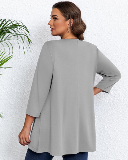 Evervibe 3 Pack Plus Size Tunic Tops for Curvy Women 3/4 Sleeve Shirts Loose Spring Casual Swing Flare Blouses with Leggings