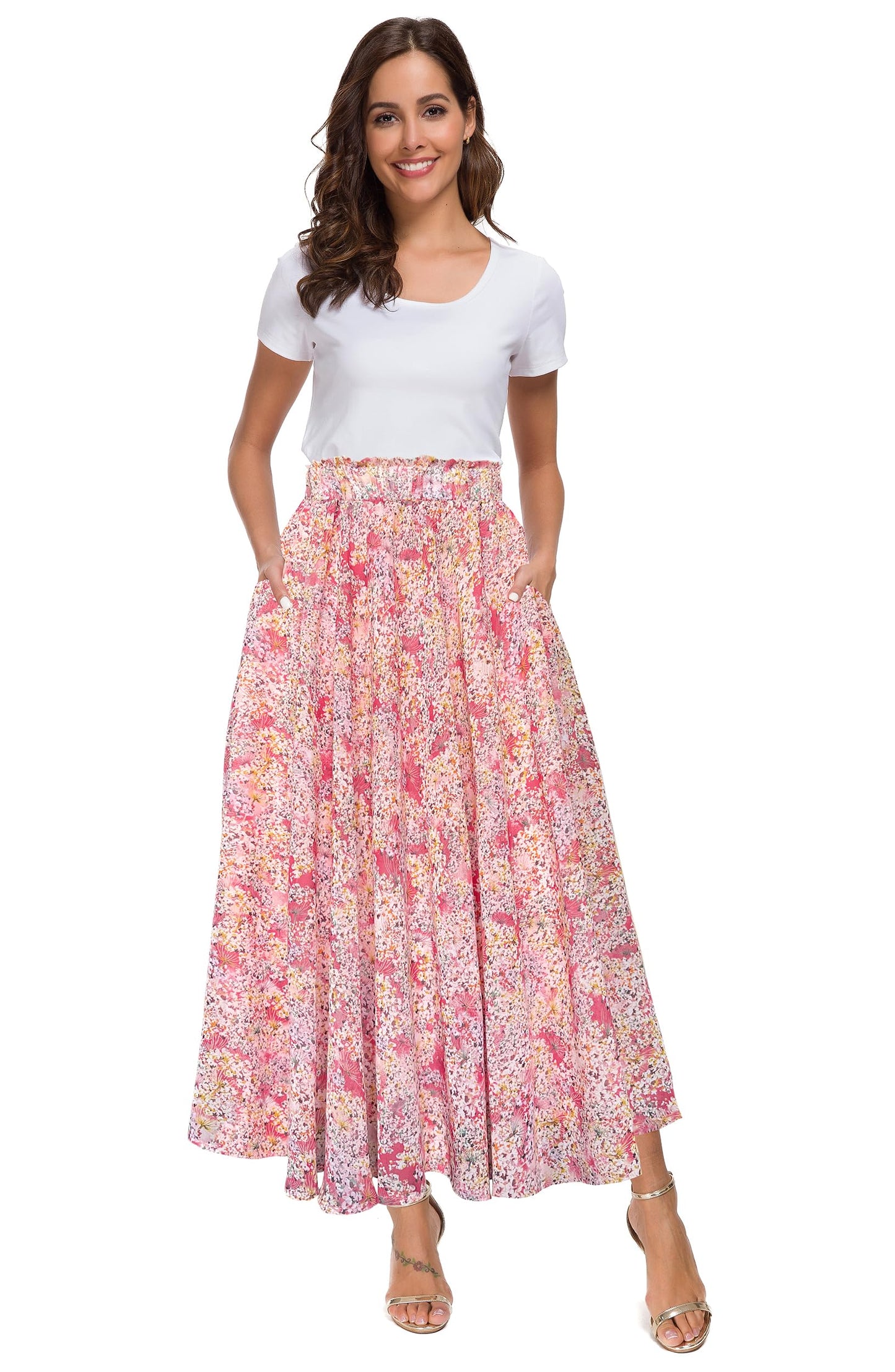 Afibi Women High Waist Floral Print Swing Chiffon Beach Midi Long Skirt with Pockets
