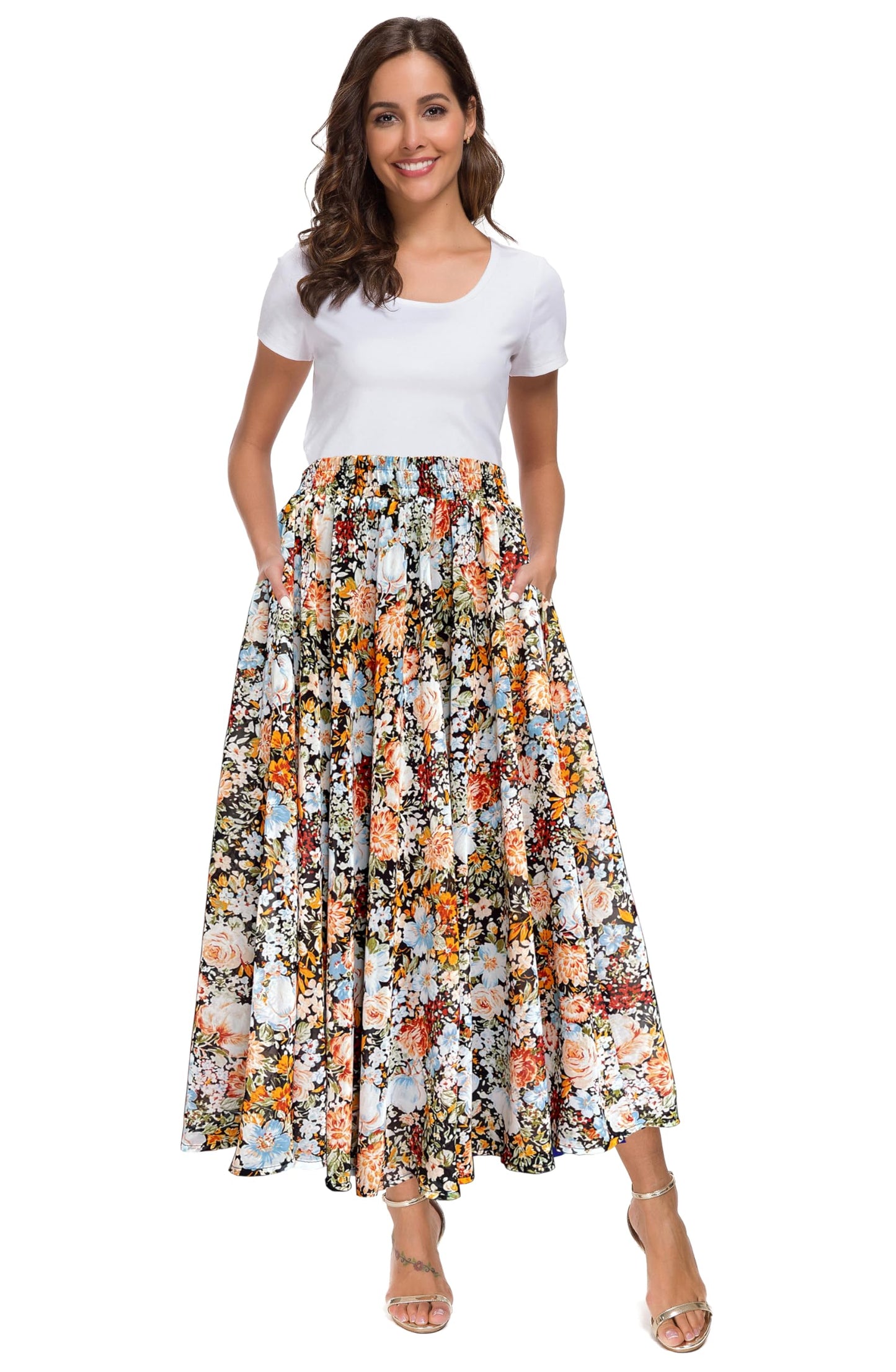 Afibi Women High Waist Floral Print Swing Chiffon Beach Midi Long Skirt with Pockets